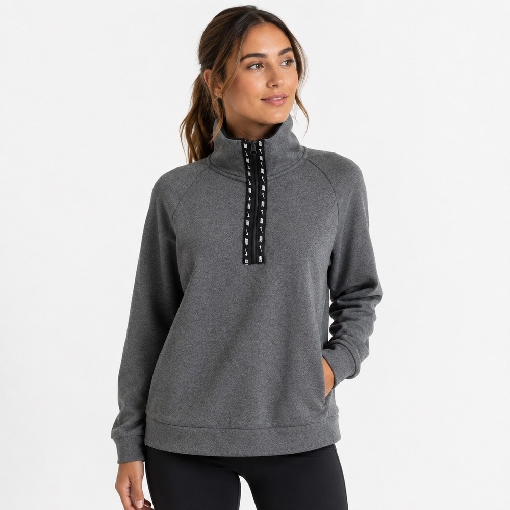 Nike Quarter Zip Pullover Womens M Gray Logo Tape Mock Neck Fleece Sweatshirt